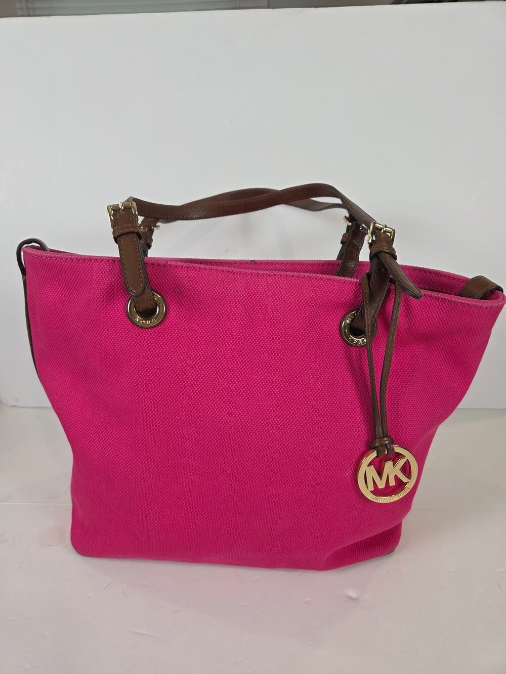 Michael Kors Marina Pink Canvas Large Tote Shoulder Bag Leather Straps